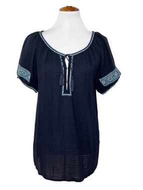 J.Crew embroidered navy blue short sleeve peasant top M
